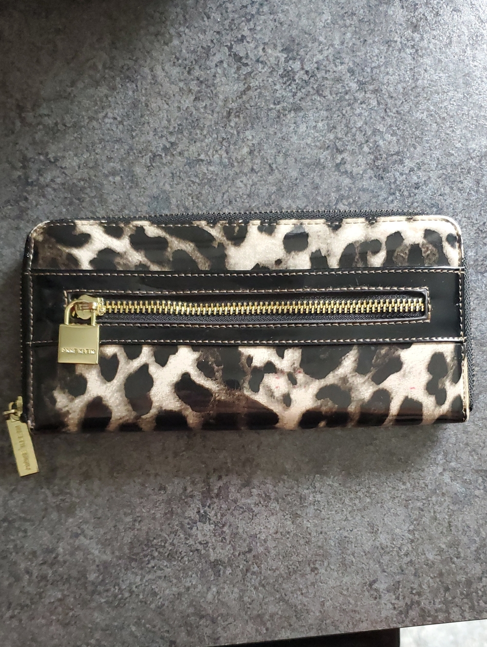 Anne Klein Leopard Print Zip Wallet in Black, Cream & Gold